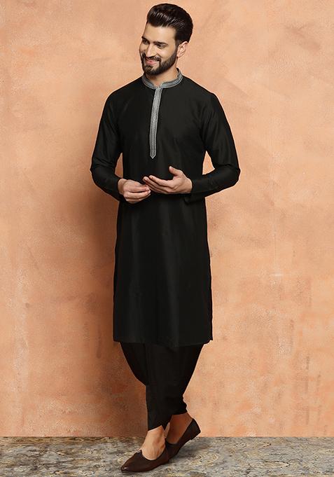 Black Solid Dyed Cotton Blend Kurta Set