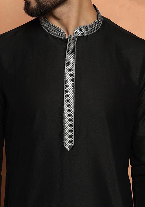 Black Solid Dyed Cotton Blend Kurta Set