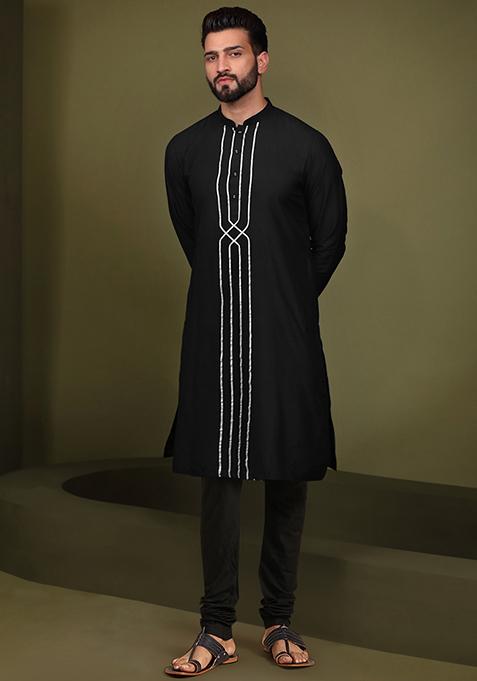 Black Solid Dyed Cotton Blend Kurta Set