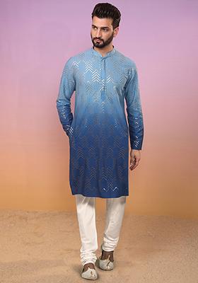 Navy Blue Embroidered Cotton Blend Kurta Set