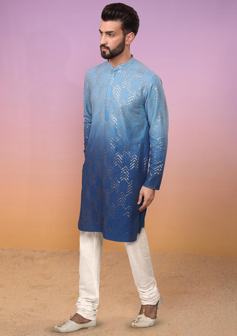 Navy Blue Embroidered Cotton Blend Kurta Set - Indya