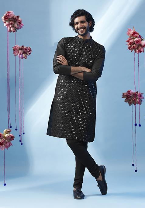 Black Embroidered Silk Blend Kurta Set