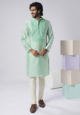 Aqua Green Embroidered Silk Blend Kurta Set