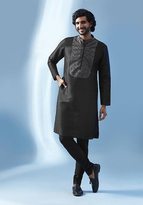 Black Embroidered Silk Blend Kurta Set