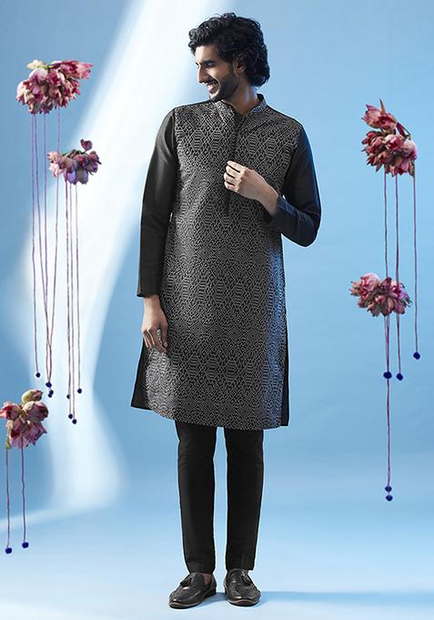 Black Embroidered Silk Blend Kurta Set