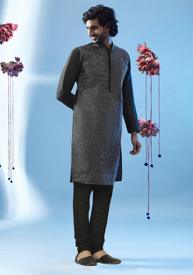 Black Embroidered Silk Blend Kurta Set - Indya