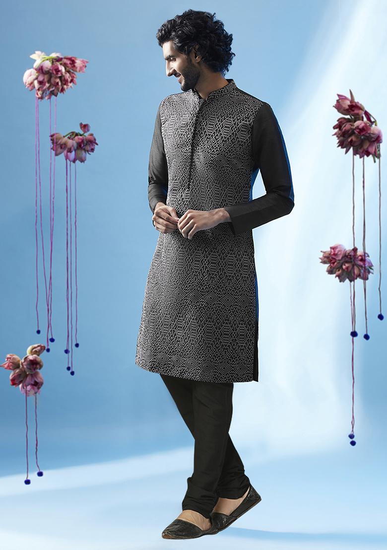 Black Embroidered Silk Blend Kurta Set - Indya