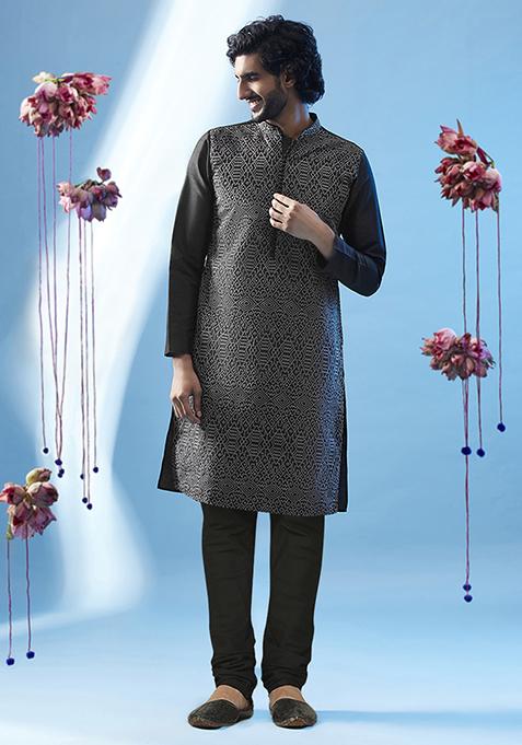 Black Embroidered Silk Blend Kurta Set