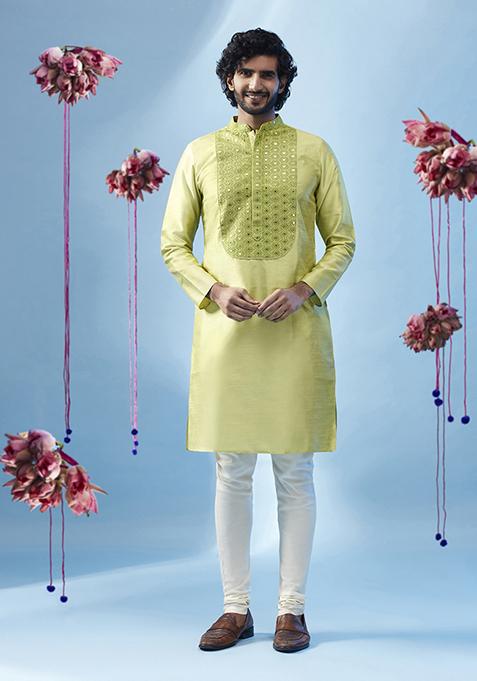 Pista Green Yoke Design Silk Blend Kurta Set