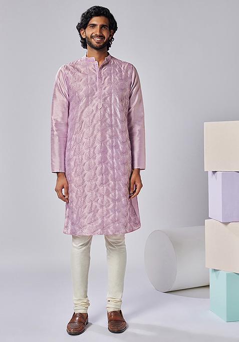 Lavender Embroidered Silk Blend Kurta Set