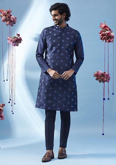 Navy Blue Embroidered Silk Blend Kurta Set