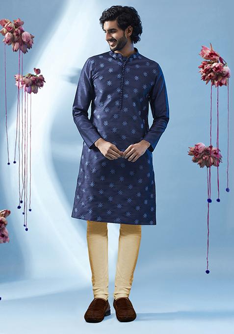 Navy Blue Embroidered Silk Blend Kurta Set