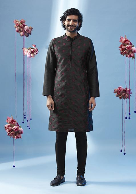 Black Embroidered Silk Blend Kurta Set