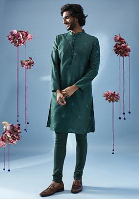 Bottle Green Embroidered Silk Blend Kurta Set
