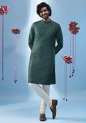 Bottle Green Embroidered Silk Blend Kurta Set