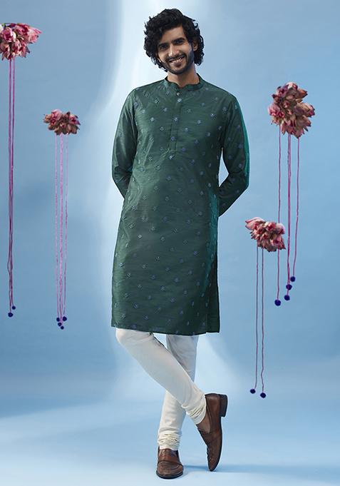 Bottle Green Embroidered Silk Blend Kurta Set