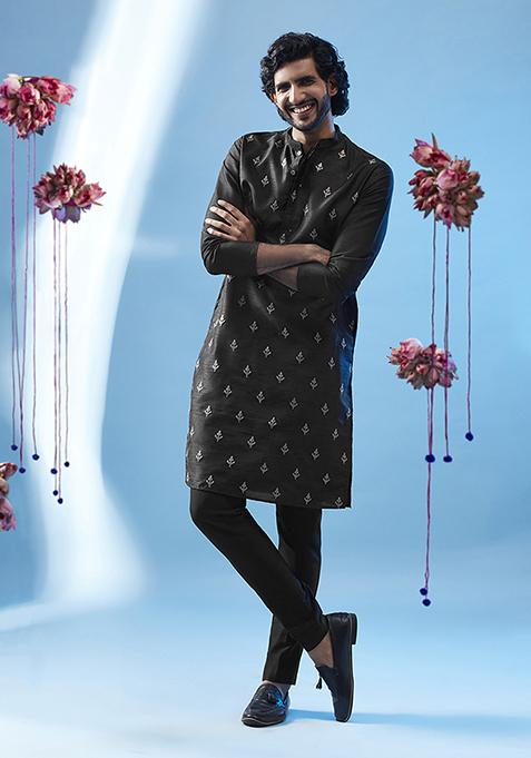 Black Embroidered Silk Blend Kurta Set