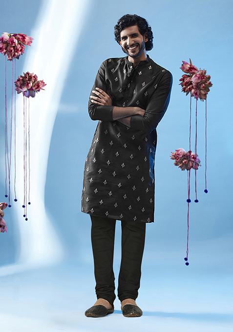 Black Embroidered Silk Blend Kurta Set