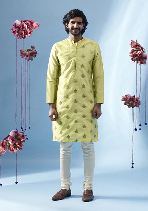 Pista Green Embroidered Silk Blend Kurta Set