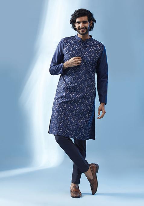 Navy Blue Embroidered Silk Blend Kurta Set