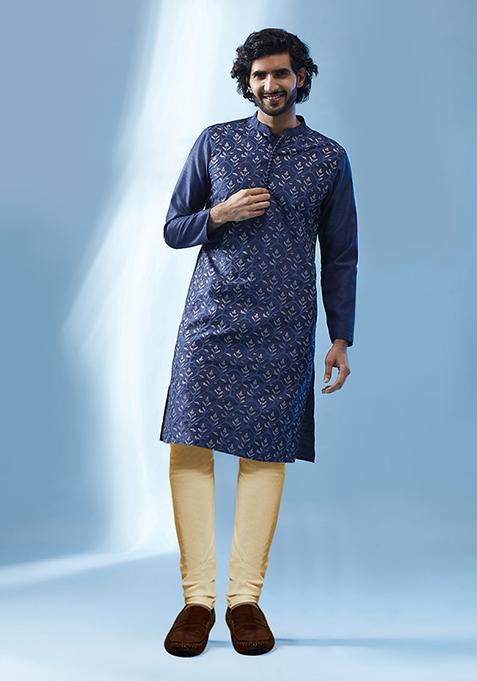 Navy Blue Embroidered Silk Blend Kurta Set