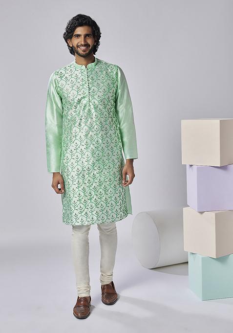 Aqua Green Embroidered Silk Blend Kurta Set