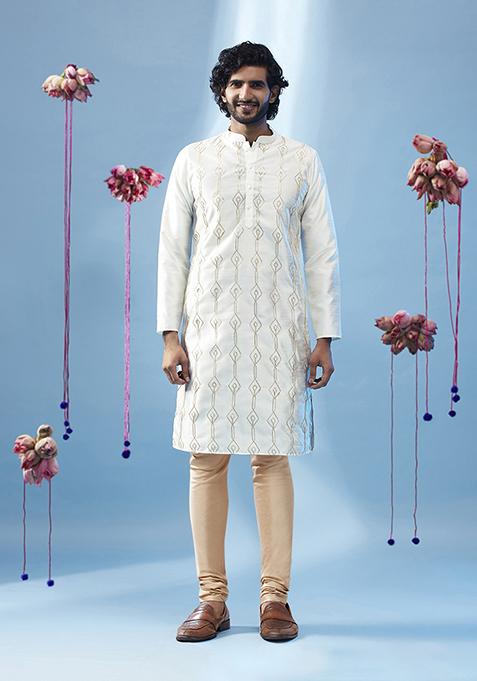 Ivory Embroidered Silk Blend Kurta Set