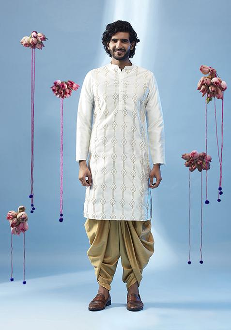 Ivory Embroidered Silk Blend Kurta Set