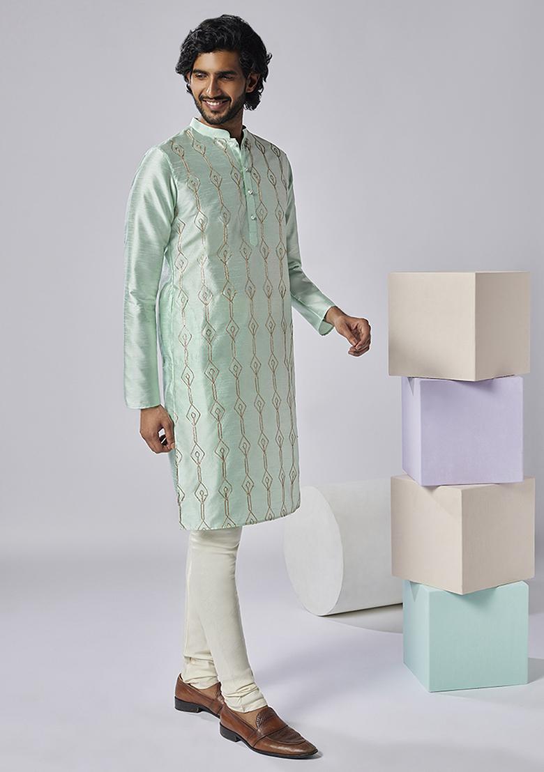 Aqua Green Embroidered Silk Blend Kurta Set - Indya