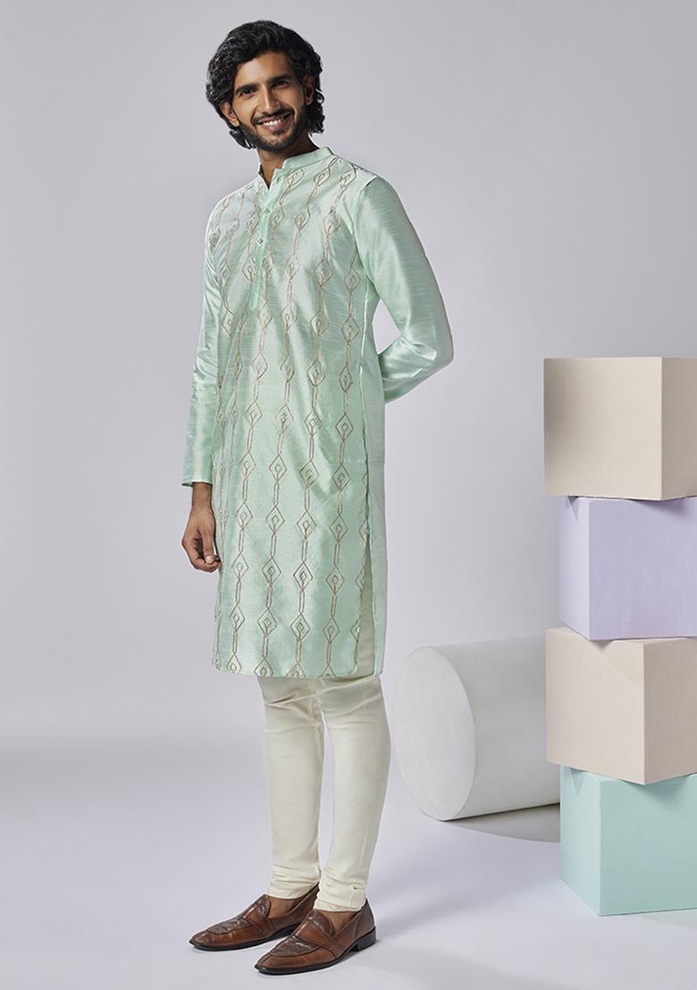 Aqua Green Embroidered Silk Blend Kurta Set - Indya