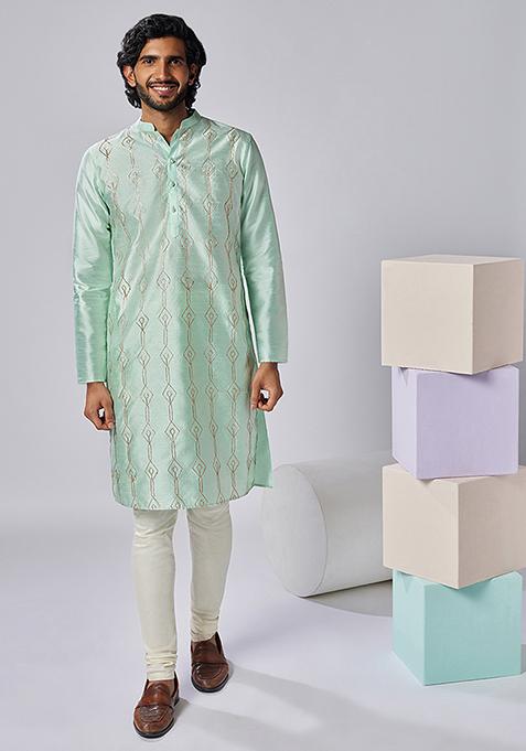 Aqua Green Embroidered Silk Blend Kurta Set