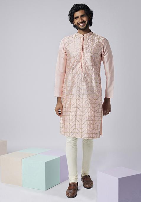 Blush Pink Embroidered Silk Blend Kurta Set