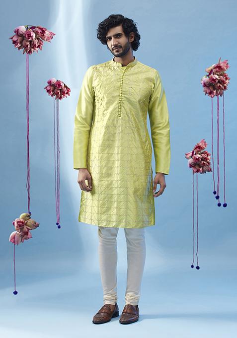 Pista Green Embroidered Silk Blend Kurta Set