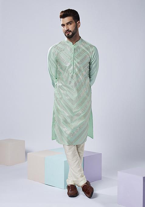 Aqua Green Embroidered Silk Blend Kurta Set