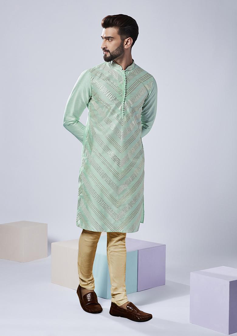 Aqua Green Embroidered Silk Blend Kurta Set - Indya