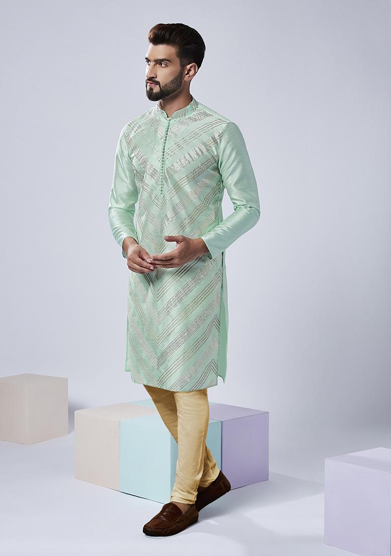 Aqua Green Embroidered Silk Blend Kurta Set - Indya