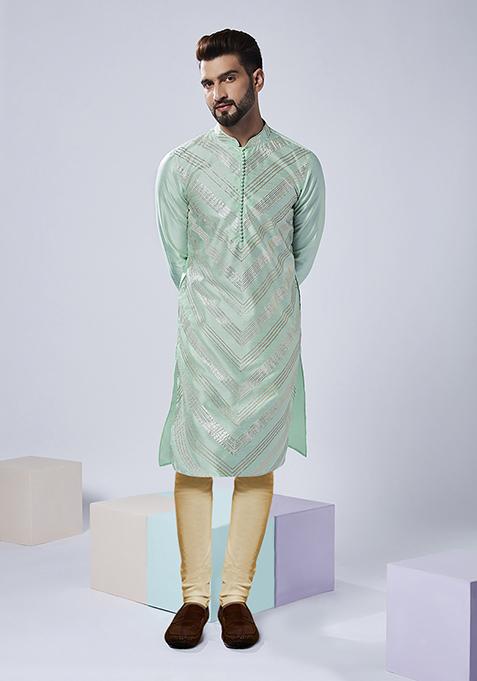 Aqua Green Embroidered Silk Blend Kurta Set