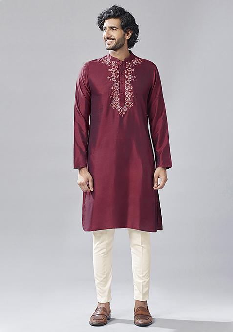 Magenta Solid Dyed Cotton Blend Kurta Set