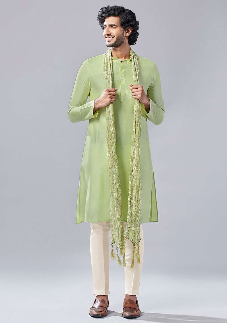Green Solid Dyed Cotton Blend Kurta Set With Dupatta - Indya