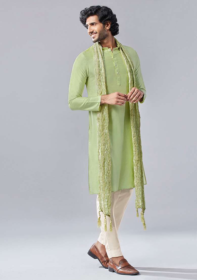 Green Solid Dyed Cotton Blend Kurta Set With Dupatta - Indya