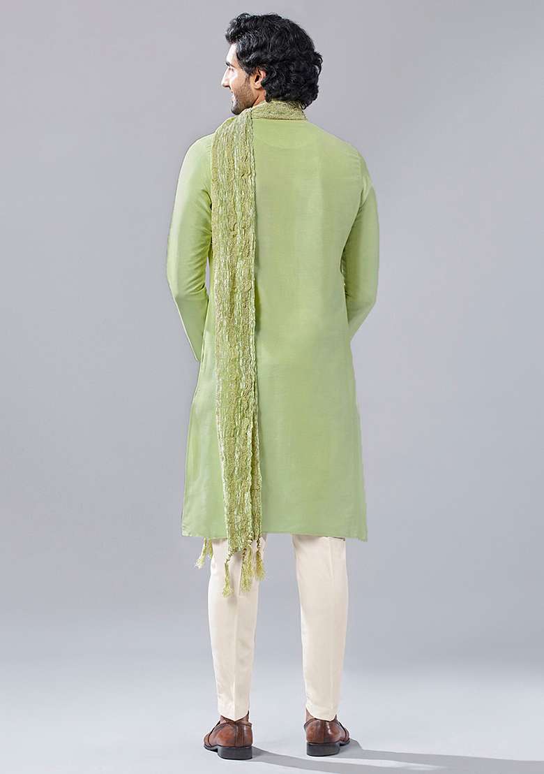 Green Solid Dyed Cotton Blend Kurta Set With Dupatta - Indya