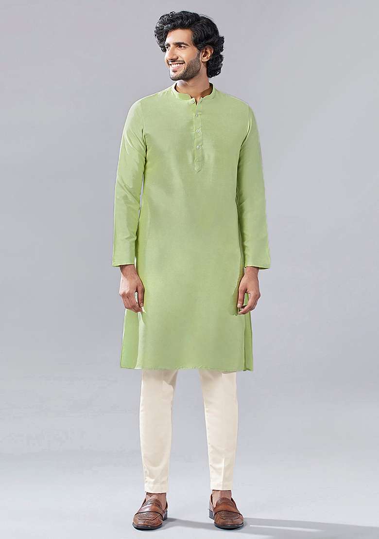Green Solid Dyed Cotton Blend Kurta Set With Dupatta - Indya