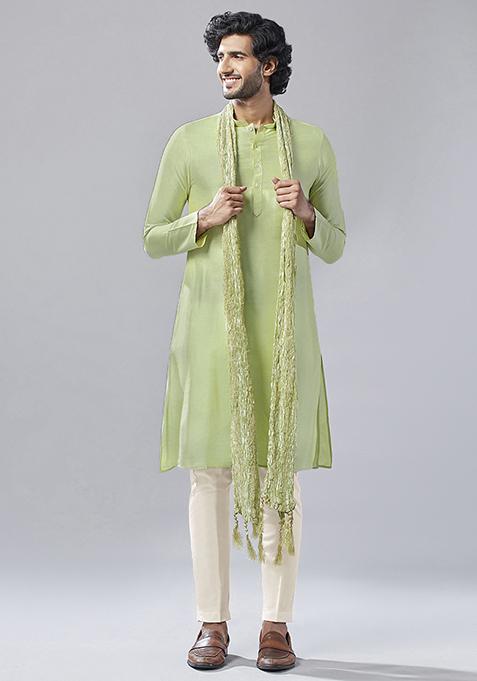 Green Solid Dyed Cotton Blend Kurta Set With Dupatta