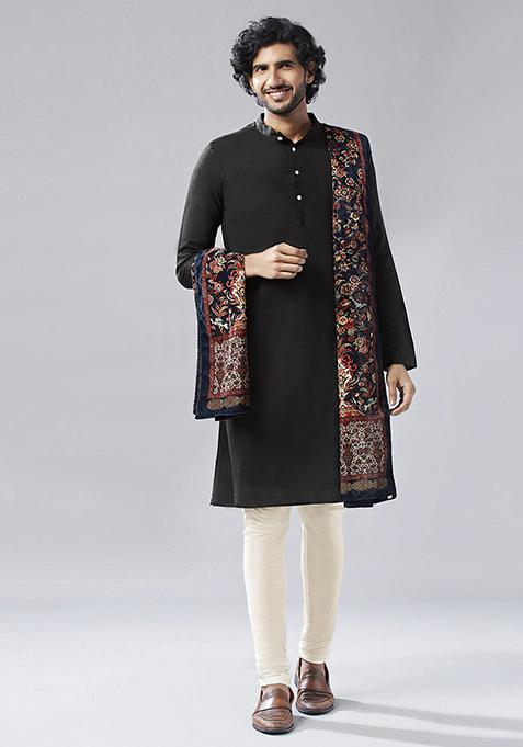 Black Solid Dyed Cotton Blend Kurta Set With Dupatta