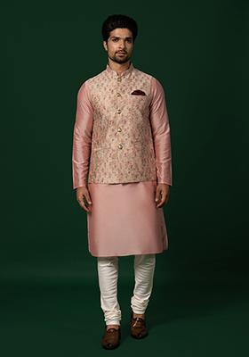 Pink Printed Silk Blend Jacquard Kurta Jacket Set