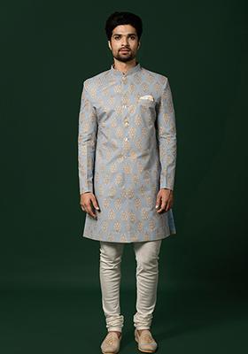 Blue Printed Silk Blend Sherwani Set