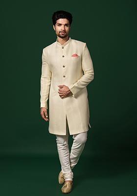 White Woven Design Silk Blend Sherwani Set