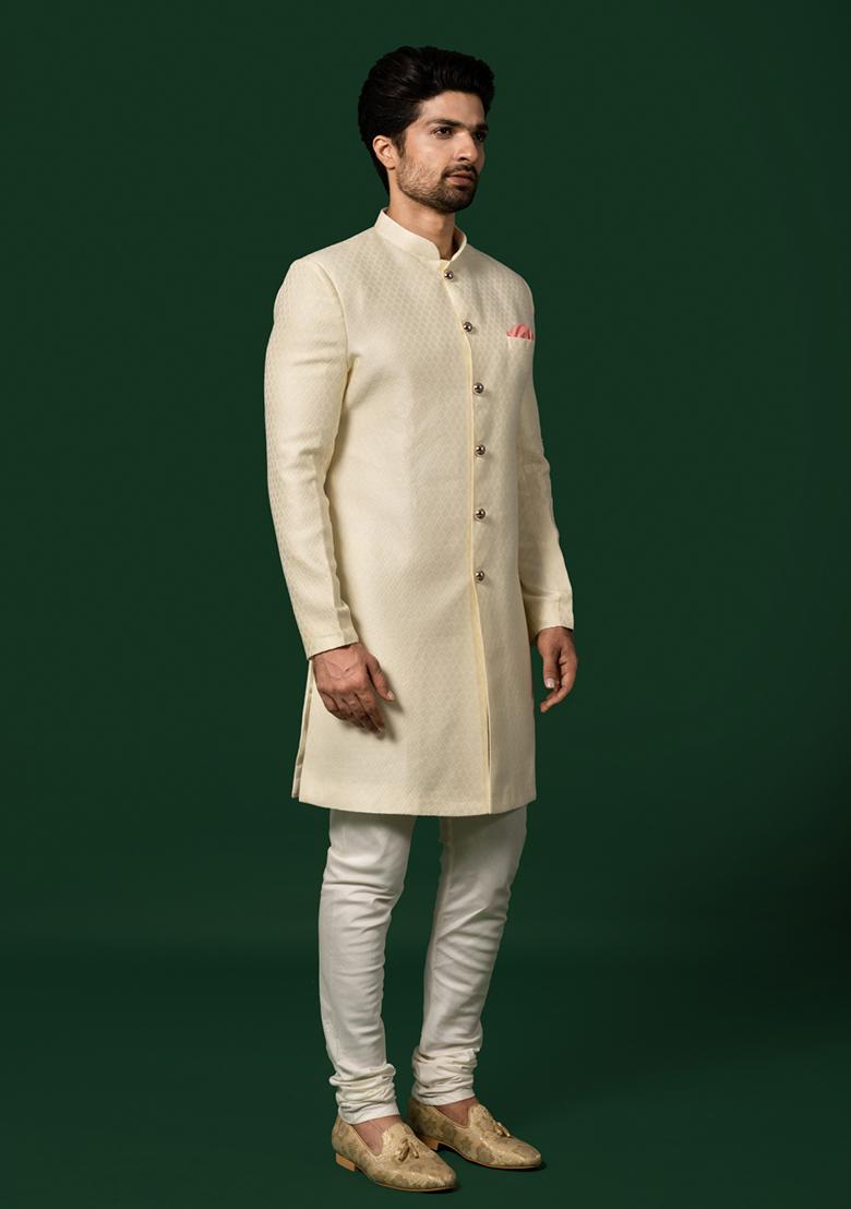 White Woven Design Silk Blend Sherwani Set
