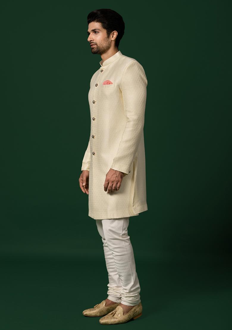 White Woven Design Silk Blend Sherwani Set