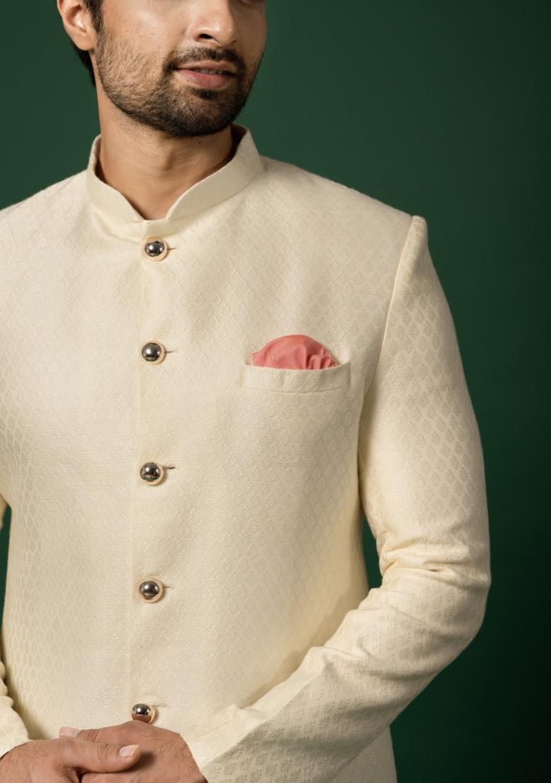 White Woven Design Silk Blend Sherwani Set